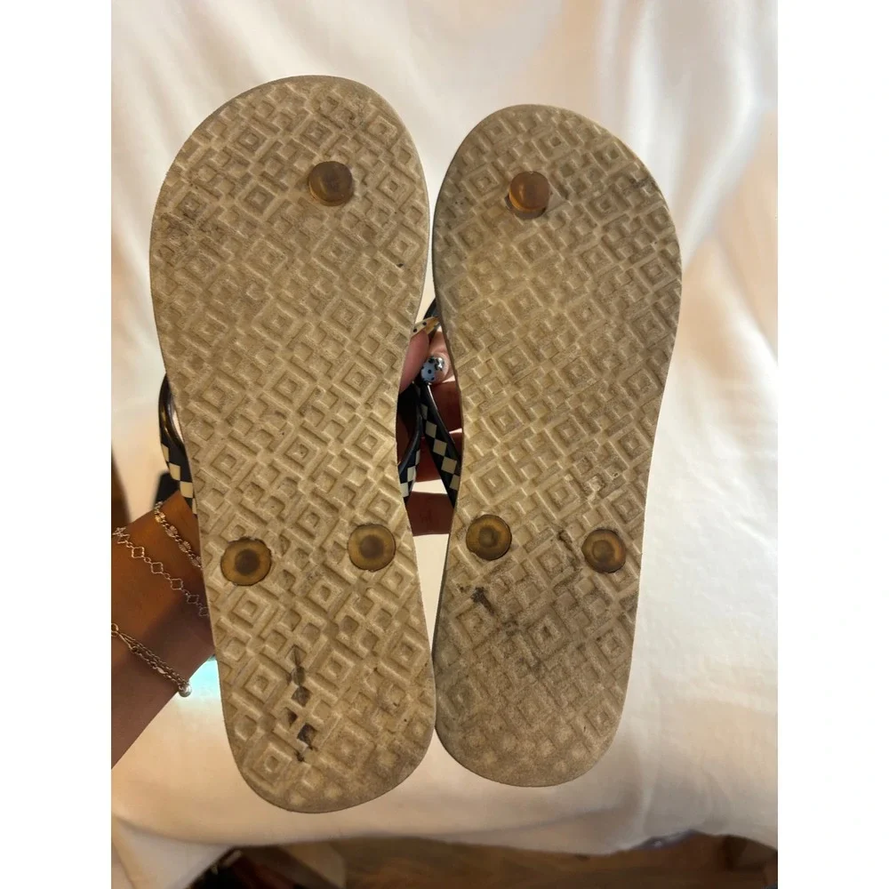 Tory Burch Women Geometric Floral Print Flip Flops Navy Checkered Straps Logo